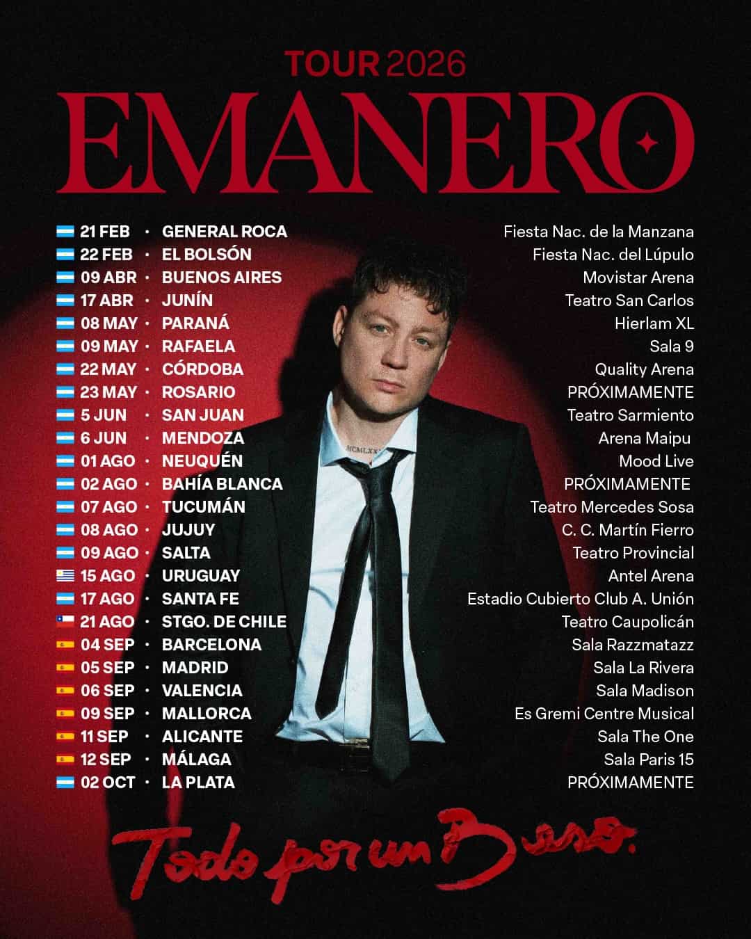 Emanero lleva su gira “Todo por un Beso” a España: ciudades y conciertos que no te podés perder